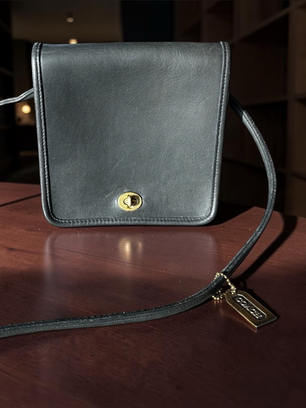 Coach VTG Black Leather Crossbody with Gold Turnlock